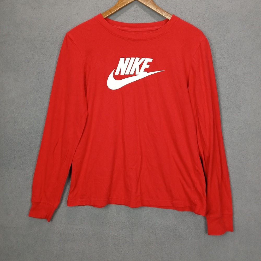 Nike Sportswear Essentials Long Sleeve Shirt Womens Medium Red Logo Standard Fit